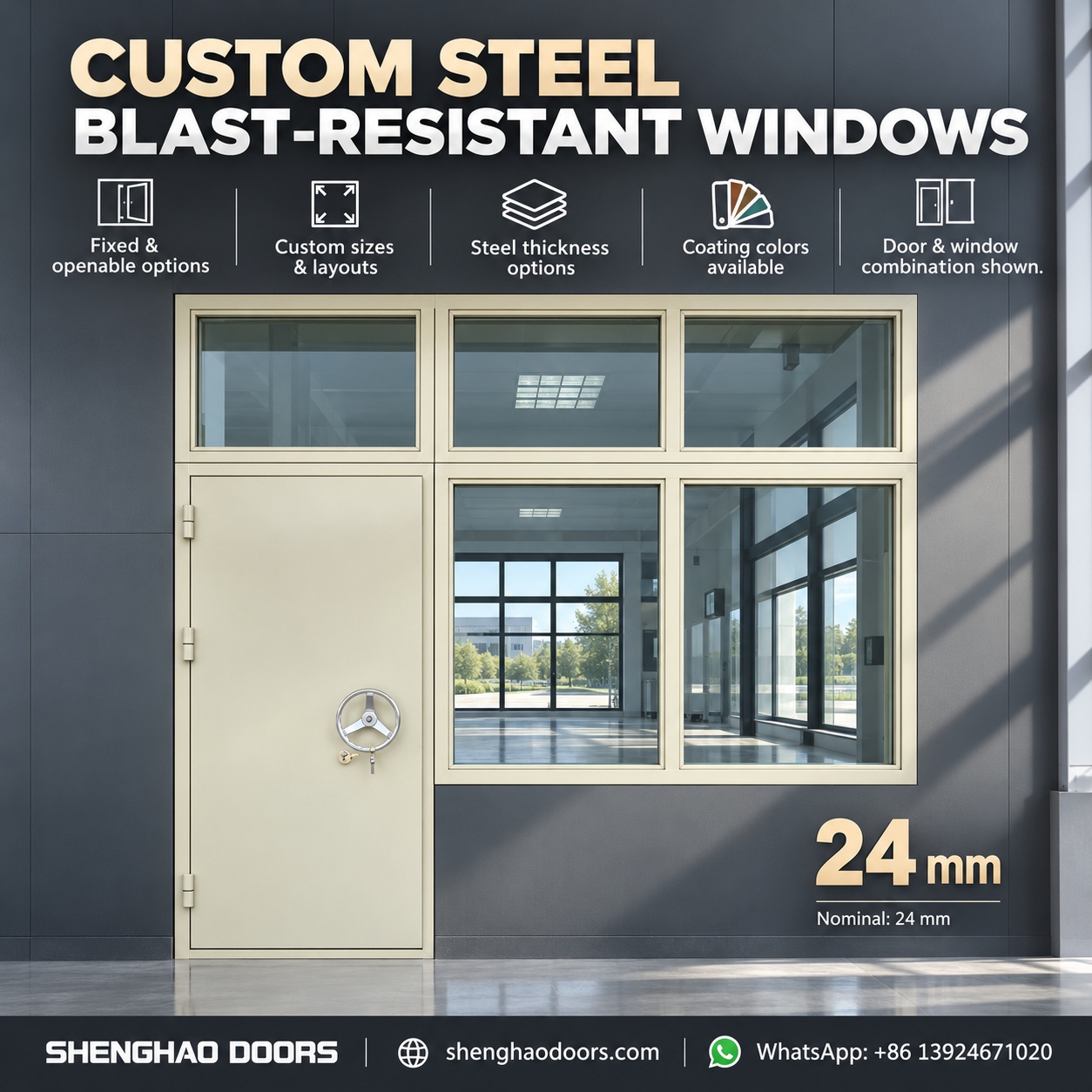 Custom fixed steel blast window and door assembly