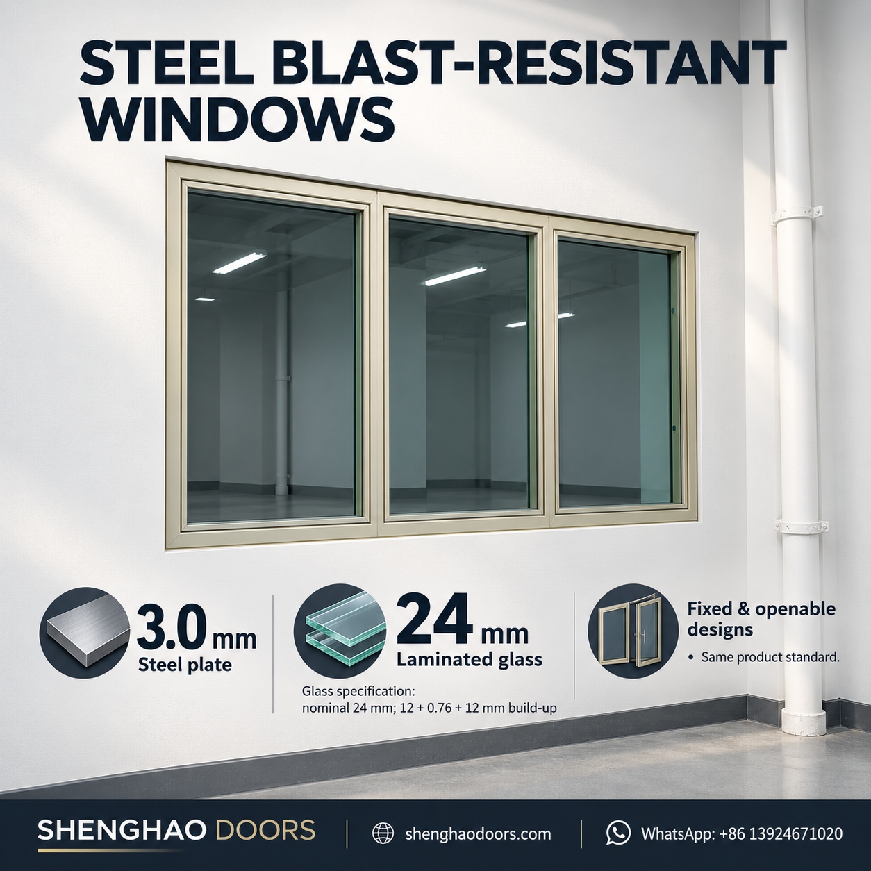 Steel blast resistant window with laminated glazing